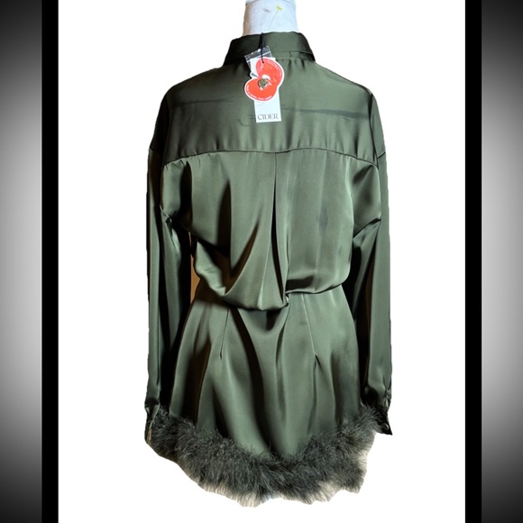 Cider Green Satin Dress with Fur Trim - Picture 4 of 8